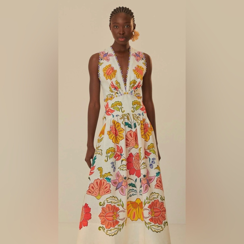 FARM Rio Floral Insects Euroflax Linen Maxi Dress - Size S